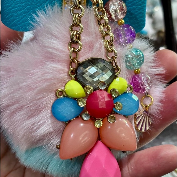 Colorful Pom Pom bag backpack Charm upcycled jewelry,one of the kind unique gift - Picture 8 of 8